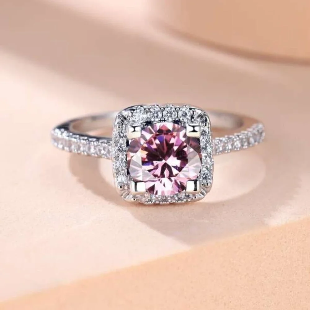 Sterling Silver 925 Pink Sapphire & Moissanite Halo Ring